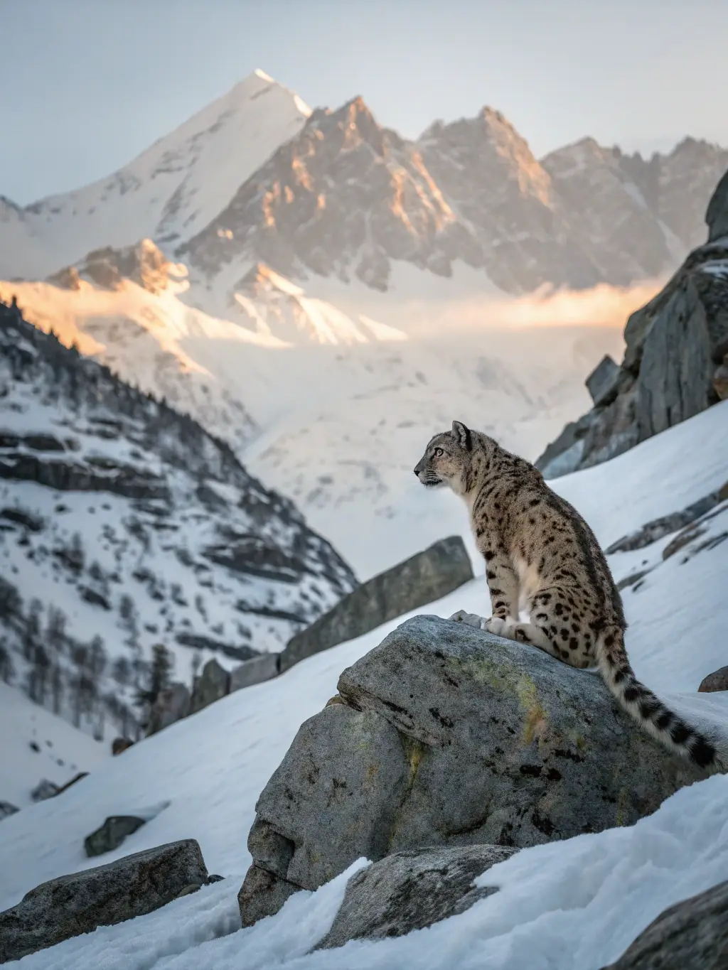 A dramatic shot of a snow leopard perched on a rocky outcrop in the Altai Mountains, highlighting the challenging and rewarding 'Altai Mountain Expedition' tour.