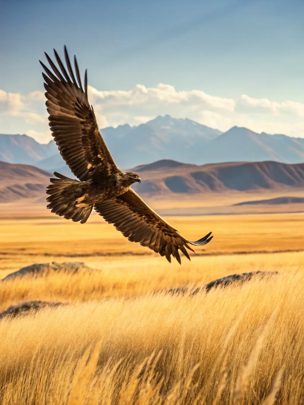 A stunning photograph capturing the vastness of the Kazakh Steppe at sunset, with golden light illuminating the rolling hills and a lone eagle soaring overhead, representing the 'Steppe Discovery' tour.