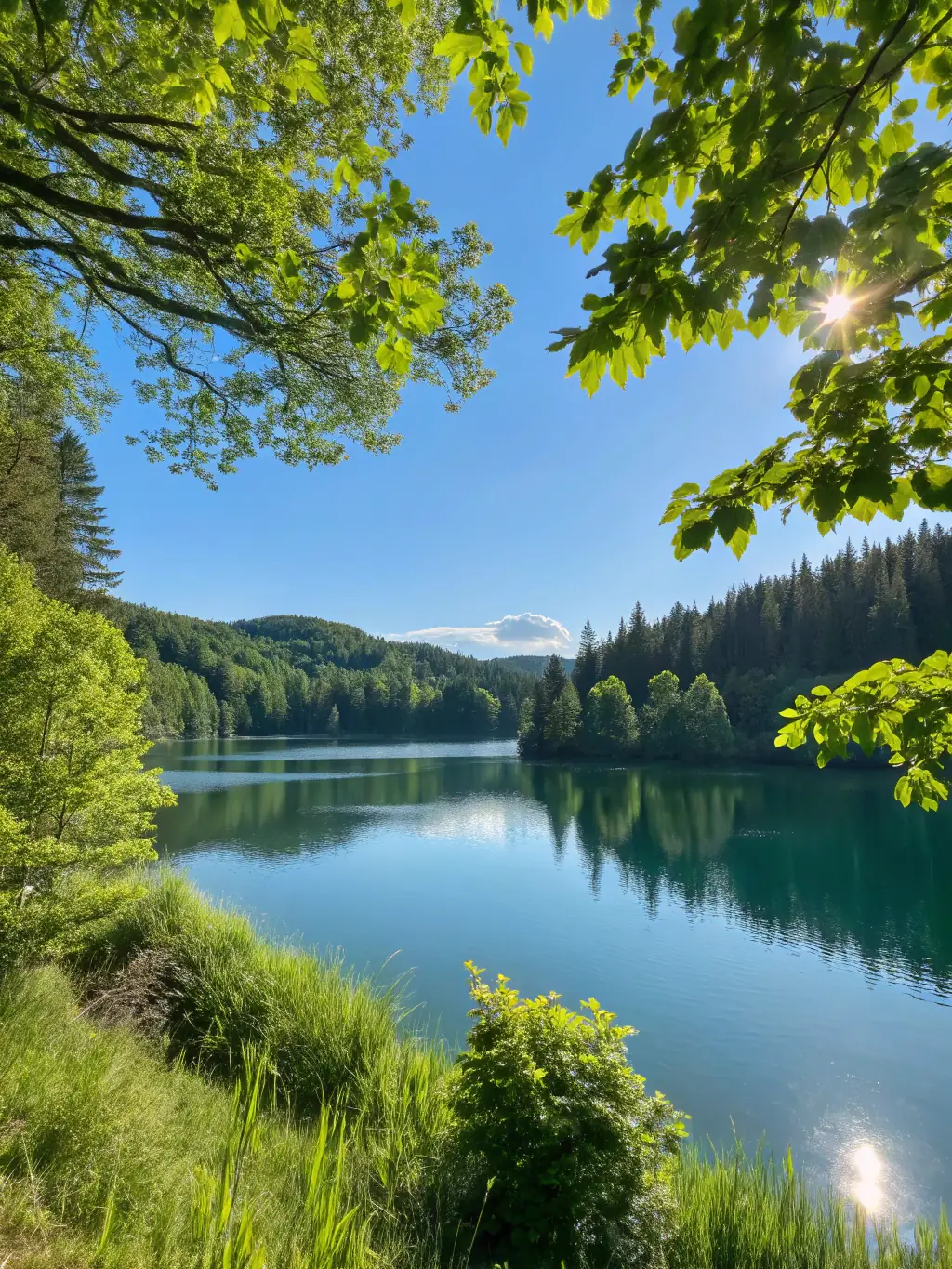 A vibrant image of the turquoise waters of Kolsai Lake, surrounded by lush green forests and snow-capped mountains, reflecting the pristine beauty of the 'Kolsai Lakes Adventure' tour.